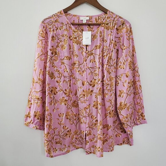 J. Jill Tops - J Jill Womens Pink Floral Lightweight Button Up Top SIze XL Pintucked Feminine